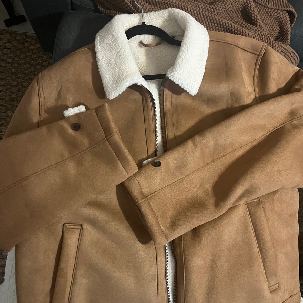 J crew Men's Tan Jacket with White fur Collar